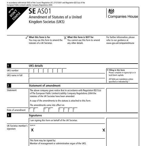 Document preview: Amend the statutes of a UK societas (SE AS01) — Companies House, United Kingdom