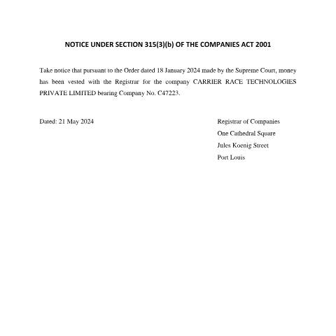 Document preview: Amended carrier Race Publication NOTICE UNDER SECTION 315 — Document, Mauritius (CERFA n°Amended-carrier-Race-Publication-NOTICE-UNDER-SECTION-315)