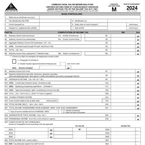 Document preview: Amended Return Form M 2024 — Individual, Malaysia