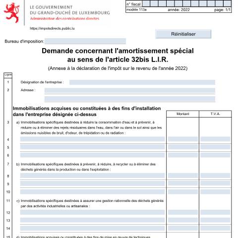 Aperçu du document Amortissement spécial au sens de l'article 32bis L.I.R — Annexes et bonifications d'impôt, Luxembourg (CERFA n°113 A)