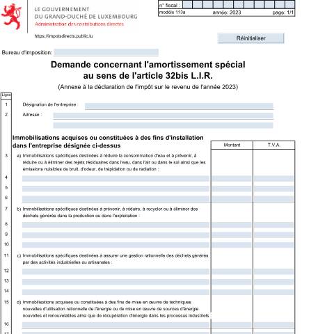 Aperçu du document Amortissement spécial au sens de l'article 32bis L.I.R — Annexes et bonifications d'impôt, Luxembourg (CERFA n°113 A)
