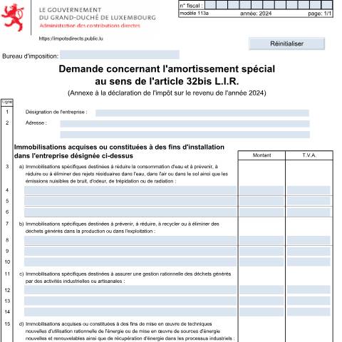 Aperçu du document Amortissement spécial au sens de l'article 32bis L.I.R — Annexes et bonifications d'impôt, Luxembourg (CERFA n°113 A)