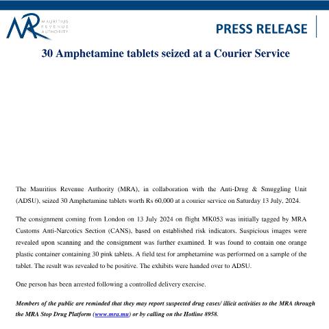 Document preview: 30 Amphetamine tablets seized at a Courier Service (18.07.24) — Document, Mauritius (CERFA n°PressRelease180724)