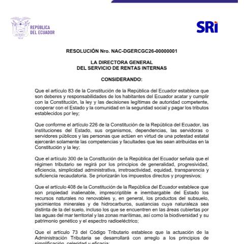 Vista previa del documento Resolución No. NAC-DGERCGC26-00000001 – Ampliación de plazos para presentación del Formulario Informativo de Actividades Mineras – Tercer Suplemento al Registro Oficial No. 200 de 09-01-2026 — Impuesto al Valor Agregado (IVA), Ecuador (CERFA n°RESOLUCIÓN Nro. NAC-DGERCGC26-00000001)