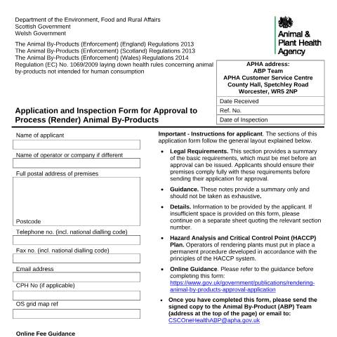 Document preview: Animal by-product processing facility: approval application — Animal and Plant Health Agency, United Kingdom