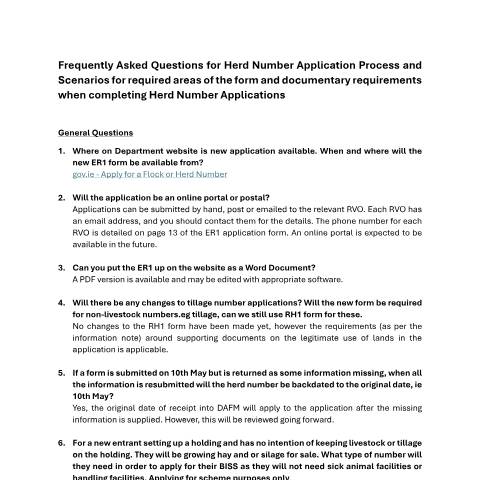 Document preview: Animal Identification & Movement (AIM) — faqs for er1 application form march 2025 — Department of Agriculture, Food and the Marine, Ireland (CERFA n°ER1)