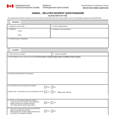 Document preview: Animal - Related Accident Questionnaire — Labour, Canada (CERFA n°LAB1077)