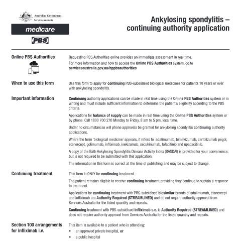Document preview: Ankylosing spondylitis - continuing authority application form (PB074) — Services Australia — Health professionals, Australia (CERFA n°PB074)