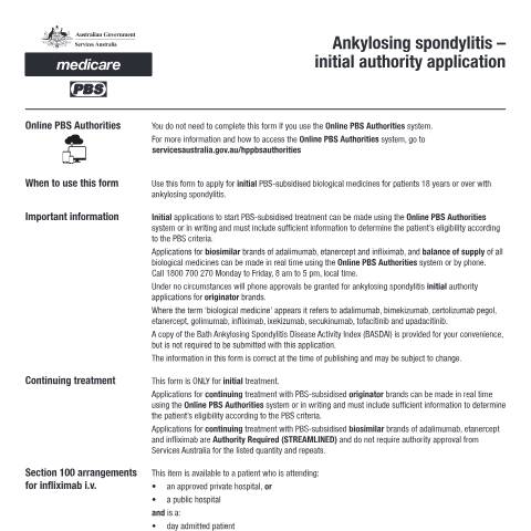 Document preview: Ankylosing spondylitis - initial authority application form (PB073) — Services Australia — Health professionals, Australia (CERFA n°PB073)