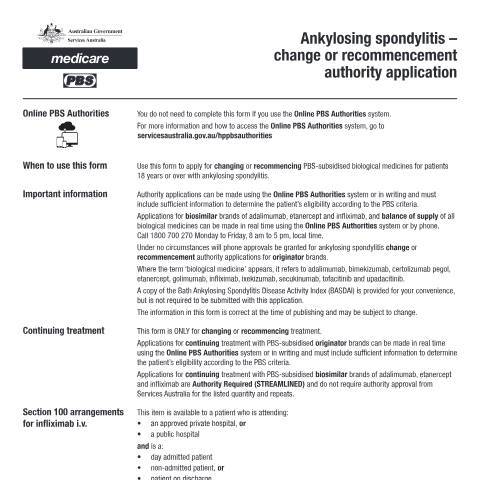 Document preview: Ankylosing spondylitis - change or recommencement authority application form (PB251) — Services Australia — Health professionals, Australia (CERFA n°PB251)