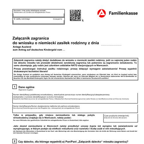 Dokumentvorschau: kg51-pl-anlageausland_ba032510 — Öffnet in neuem Tab Załącznik zagranica do wniosku o niemiecki zasiłek rodzinny na dziecko (KG 51-pl) Anlage Ausland zum Antrag auf deutsches Kindergeld (polnisch) pdf | 1.56 MB | barrierefrei — Familienkasse/kg51, Deutschland (CERFA n°kg51-pl-anlageausland_ba032510)