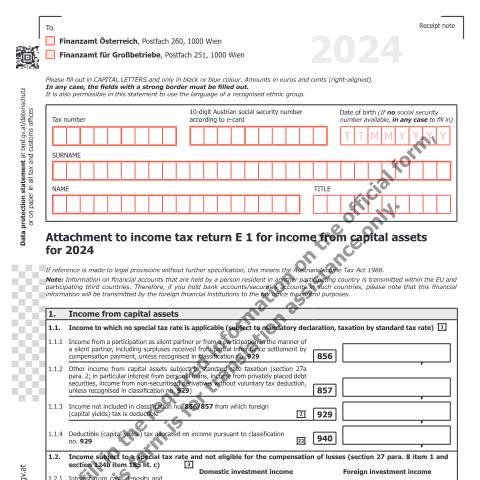 Dokumentvorschau: E1kv-UK — Attachment to income tax return E 1 for income from capital assets for 2024 — Steuern, Österreich (CERFA n°E1kv-UK)