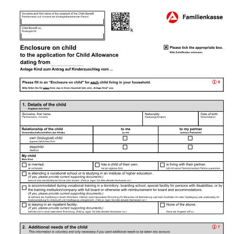 Dokumentvorschau: anlage-kind-zum-antrag-auf-kinderzuschlag-kiz-1-ank-englisch_ba047453 — Öffnet in neuem Tab Enclosure on child (KiZ 1-AnK en) Anlage Kind zum Antrag auf Kinderzuschlag (KiZ 1-AnK) (englisch) pdf | 1.42 MB | barrierefrei — Familienkasse/anlage, Deutschland (CERFA n°anlage-kind-zum-antrag-auf-kinderzuschlag-kiz-1-ank-englisch_ba047453)