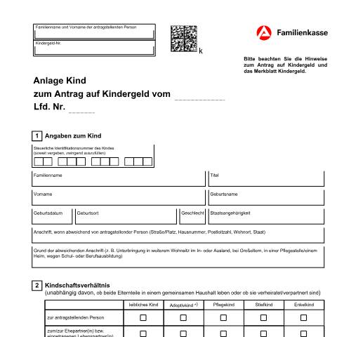 Dokumentvorschau: kg1-anlagekind_ba033765 — Öffnet in neuem Tab Anlage Kind zum Hauptantrag Kindergeld (KG1-AnK) Ergänzung zum Hauptantrag, die für jedes Kind, für das Kindergeld beantragt wird, eingereicht werden muss pdf | 1.42 MB | barrierefrei — Familienkasse/kg1, Deutschland (CERFA n°kg1-anlagekind_ba033765)