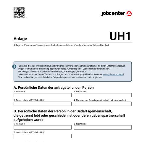 Dokumentvorschau: anlageuh1_ba032990 — Öffnet in neuem Tab Anlage zur Prüfung von Unterhaltsansprüchen (UH1) Zusätzliches Formular zum Antrag auf Bürgergeld zur Prüfung von Trennungsunterhalt oder nachehelichem/nachpartnerschaftlichem Unterhalt pdf | 288.12 KB | barrierefrei — Familienkasse/anlageuh1, Deutschland (CERFA n°anlageuh1_ba032990)