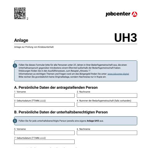 Dokumentvorschau: anlageuh3_ba033050 — Öffnet in neuem Tab Anlage zur Prüfung von Unterhaltsansprüchen (UH3) Zusätzliches Formular zum Antrag auf Bürgergeld zur Prüfung von Kindesunterhalt pdf | 340.74 KB | barrierefrei — Familienkasse/anlageuh3, Deutschland (CERFA n°anlageuh3_ba033050)