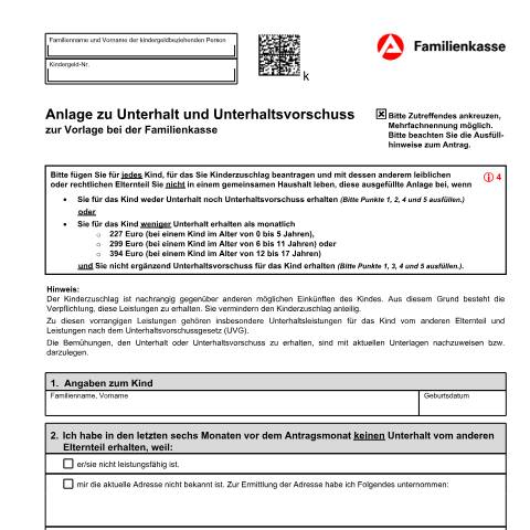 Dokumentvorschau: erklaerung-kiz5c_ba036530 — Öffnet in neuem Tab Anlage zu Unterhalt und Unterhaltsvorschuss (KiZ 5c) Für jedes Kind eine Anlage ausfüllen, wenn Sie mit dessen anderem Elternteil nicht im gemeinsamen Haushalt leben und weder Unterhalt noch Unterhaltsvorschuss für das Kind erhalten. pdf | 1.40 MB | barrierefrei — Familienkasse/erklaerung, Deutschland (CERFA n°erklaerung-kiz5c_ba036530)