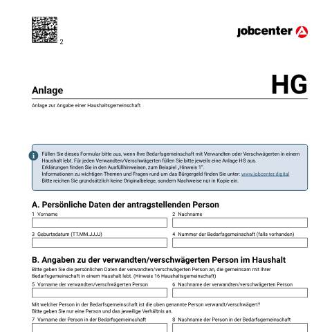 Dokumentvorschau: anlagehg_ba032950 — Öffnet in neuem Tab Anlage zur Haushaltsgemeinschaft (HG) Zusätzliches Formular zum Antrag auf Bürgergeld zur Angabe einer Haushaltsgemeinschaft pdf | 209.00 KB | barrierefrei — Familienkasse/anlagehg, Deutschland (CERFA n°anlagehg_ba032950)