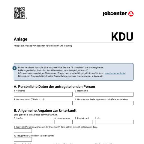 Dokumentvorschau: anlagekdu_ba032980 — Öffnet in neuem Tab Anlage zu den Bedarfen für Unterkunft und Heizung (KDU) Zusätzliches Formular zum Antrag auf Bürgergeld zur Angabe von Bedarfen für Unterkunft und Heizung pdf | 475.48 KB | barrierefrei — Familienkasse/anlagekdu, Deutschland (CERFA n°anlagekdu_ba032980)