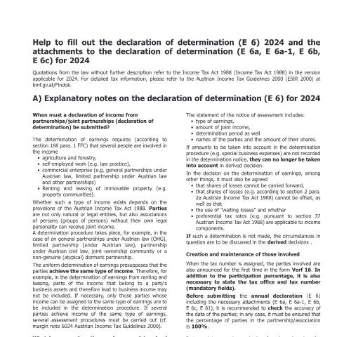 Dokumentvorschau: E6-Erl-UK — Help to fill out the declaration of determination (E 6) 2024 and the attachments to the declaration of determination (E 6a, E 6a-1, E 6b, E 6c) for 2024 — Steuern, Österreich (CERFA n°E6-Erl-UK)