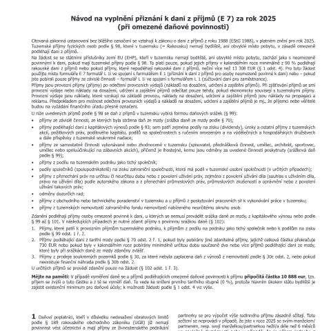 Dokumentvorschau: E8-CS — Návod na vyplnění přiznání k dani z příjmů (E 7) za rok 2025 (při omezené daňové povinnosti) — Steuern, Österreich (CERFA n°E8-CS)