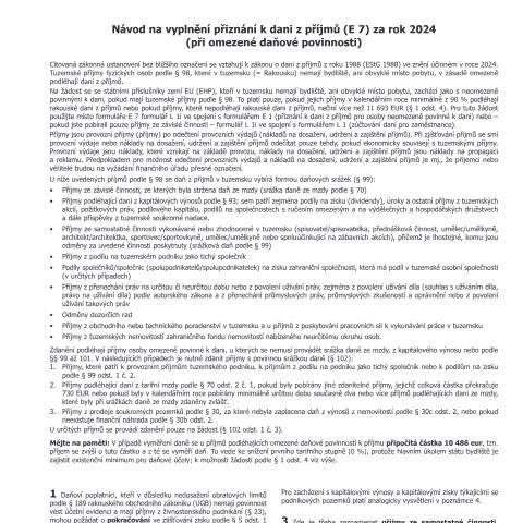 Dokumentvorschau: E8-CZ — Návod na vyplnění přiznání k dani z příjmů (E 7) za rok 2024 (při omezené daňové povinnosti) — Steuern, Österreich (CERFA n°E8-CZ)