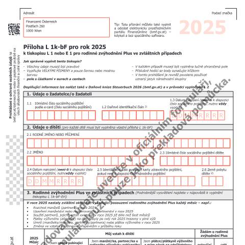 Dokumentvorschau: L1k-bF-CS — Příloha L 1k-bF pro rok 2025 k tiskopisu L 1 nebo E 1 pro rodinné zvýhodnění Plus ve zvláštních případech — Steuern, Österreich (CERFA n°L1k-bF-CS)
