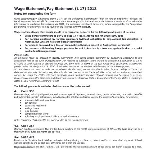 Dokumentvorschau: L17a-GB — Wage Statement/Pay Statement (L 17) 2018 Notes for completing the form — Steuern, Österreich (CERFA n°L17a-GB)