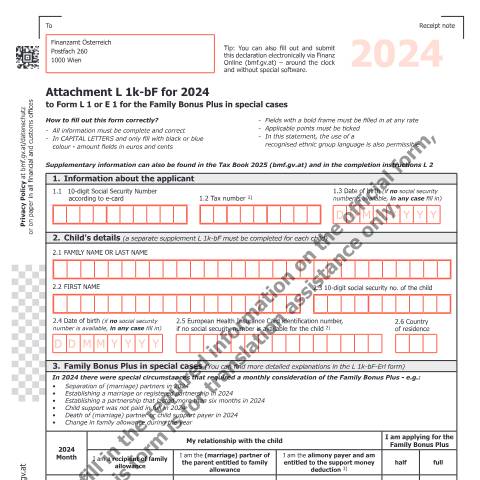 Dokumentvorschau: L1k-bF-UK — Attachment L 1k-bF for 2024 to Form L 1 or E 1 for the Family Bonus Plus in special cases — Steuern, Österreich (CERFA n°L1k-bF-UK)