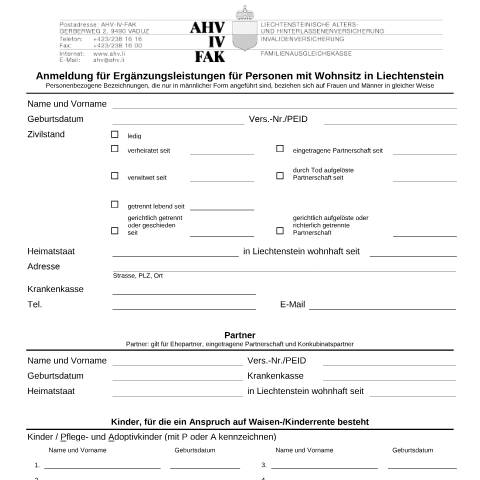 Dokumentvorschau: 5.1 Anmeldung für Ergänzungsleistungen für Personen mit Wohnsitz in Liechtenstein ( — AHV-IV-FAK (Sozialversicherung), Liechtenstein (CERFA n°AHV-IV-FAK-FORM-5-01--Anmeldung_EL_Inland)