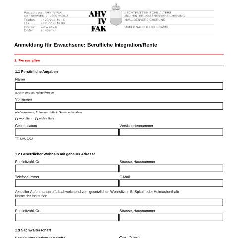 Dokumentvorschau: Anmeldung für Erwachsene: Berufliche Integration/Rente* ( — AHV-IV-FAK (Sozialversicherung), Liechtenstein (CERFA n°AHV-IV-FAK-FORM-3-08--Anmeldung_Erwachsene_Berufliche_Integration_Rente)