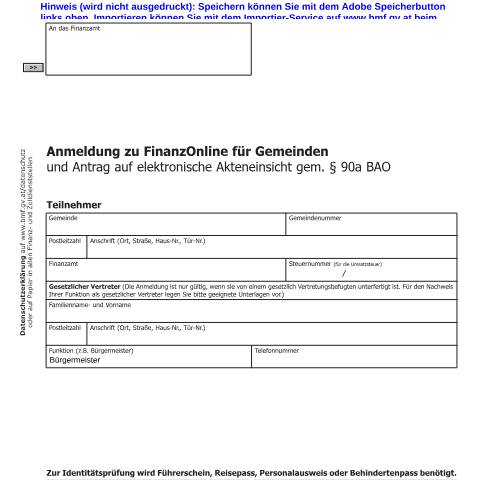 Dokumentvorschau: FON11 — Anmeldeformular für Gemeinden und Antrag auf elektronische Akteneinsicht gemäß § 90a BAO — Steuern, Österreich (CERFA n°FON11)