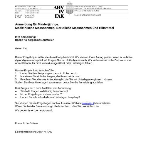 Dokumentvorschau: Anmeldung für Minderjährige: Medizinische Massnahmen, Berufliche Massnahmen und Hilfsmittel ( — AHV-IV-FAK (Sozialversicherung), Liechtenstein (CERFA n°AHV-IV-FAK-FORM-3-11--Anmeldung_Minderjaehrige_Hilfsmittel)