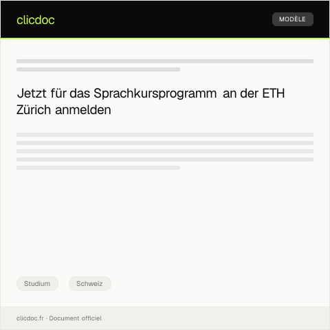 Dokumentvorschau: Anmeldung für das Sprachkursprogramm an der ETH Zürich — Studium, Schweiz