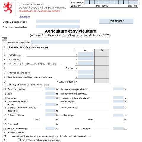 Aperçu du document Annexe: "Agriculture et sylviculture" — Annexes et bonifications d'impôt, Luxembourg (CERFA n°144 F)