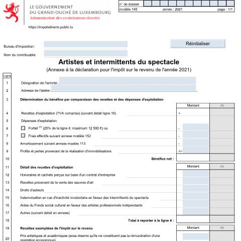 Aperçu du document Annexe: "Artistes et intermittents du spectacle" — Annexes, Luxembourg (CERFA n°145)