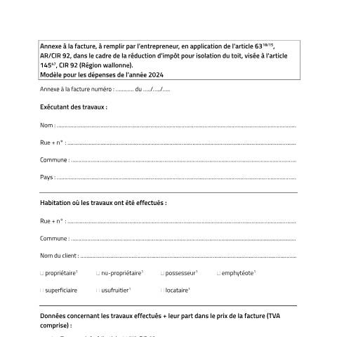Aperçu du document annexe à la facture reprenant les données concernant les travaux effectués — Demander la réduction d'impôt, Belgique (CERFA n°annexe-facture-isolation-toit)