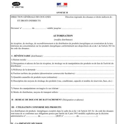 Aperçu du document Annexe II - Autorisation (modèle distributeur) — Professionnels, France (CERFA n°15937*01)