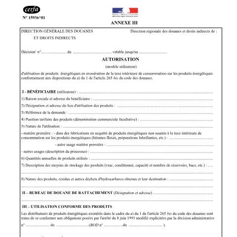 Aperçu du document Annexe II - Autorisation (modèle utilisateur) — Professionnels, France (CERFA n°15936*01)