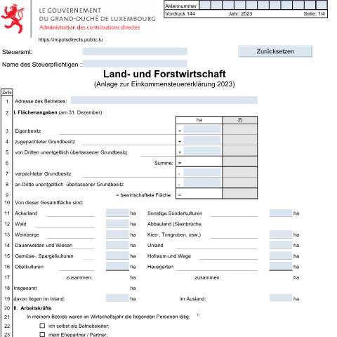Aperçu du document Anlage: "Land- und Forstwirtschaft" — Annexes et bonifications d'impôt, Luxembourg (CERFA n°144 D)