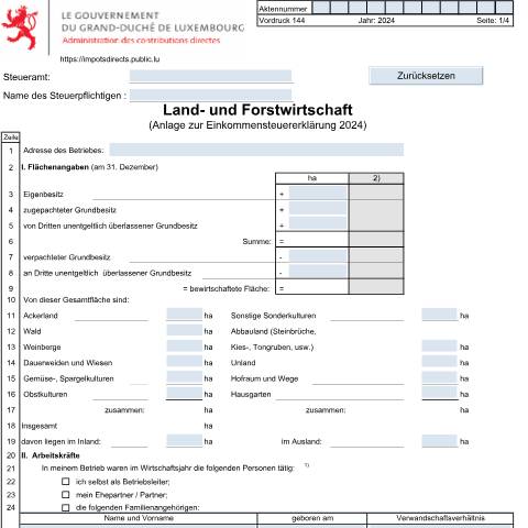 Aperçu du document Anlage: "Land- und Forstwirtschaft" — Annexes et bonifications d'impôt, Luxembourg (CERFA n°144 D)