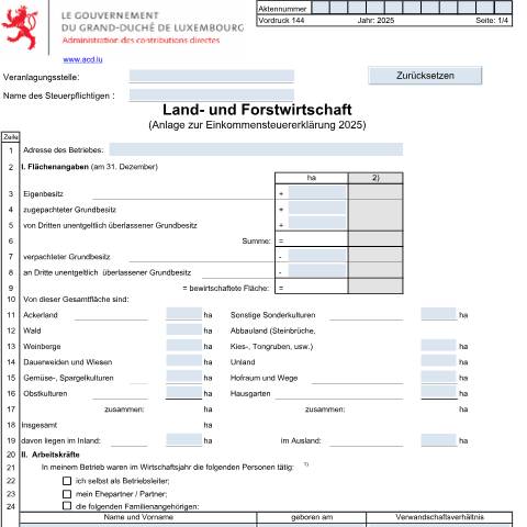 Aperçu du document Anlage: "Land- und Forstwirtschaft" — Annexes et bonifications d'impôt, Luxembourg (CERFA n°144 D)