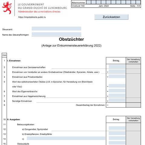 Aperçu du document Anlage: "Obstzüchter" — Annexes et bonifications d'impôt, Luxembourg (CERFA n°143)