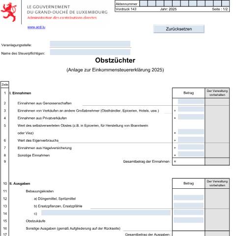 Aperçu du document Anlage: "Obstzüchter" — Annexes et bonifications d'impôt, Luxembourg (CERFA n°143)