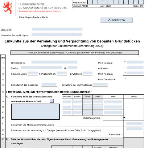 Aperçu du document Anlage: "Einkünfte aus der Vermietung und Verpachtung von bebauten Grundstücken" — Annexes, Luxembourg (CERFA n°190 D)