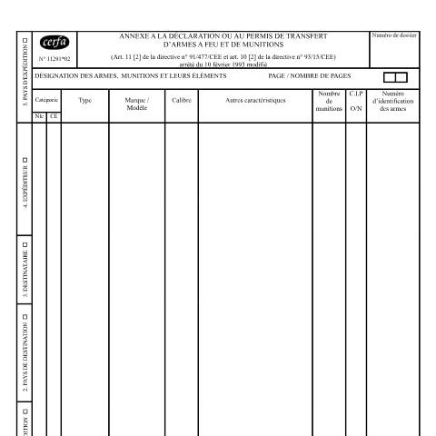 Aperçu du document Annexe à la déclaration ou au permis de transfert d'armes à feu et de munitions — Particuliers, France (CERFA n°11291*02)