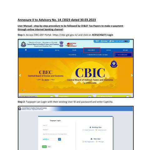 Document preview: Annexure II Advisory 14 2023 300323 User Manual Online internet Banking ePayment CE ST dues — gst, India (CERFA n°Annexure-II-Advisory-14-2023-300323-User-Manual-Online-inter)