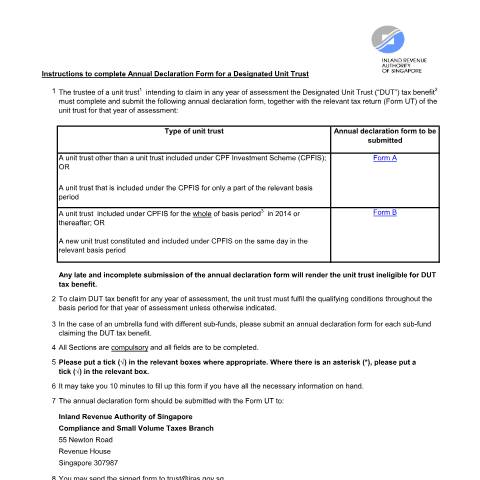 Document preview: Annual Declaration Form for Designated Unit Trust — IRAS / Trust, Singapore (CERFA n°ANNUAL-DECLARATION-FORM-FOR-DUT_JUL-2024)