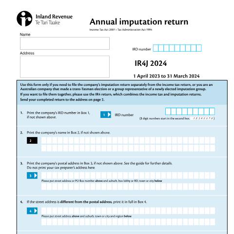 Document preview: Annual imputation return — Income tax, New Zealand (CERFA n°IR4J)