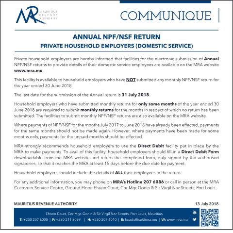 Document preview: Annual NPF/NSF Return : Private Household Employers - Domestic Service (13.07.18) — Form, Mauritius (CERFA n°AnnualContributionReturn130718)
